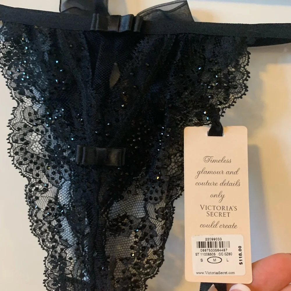 Victoria secret collection thong black Swarovsk crystal M G string designer